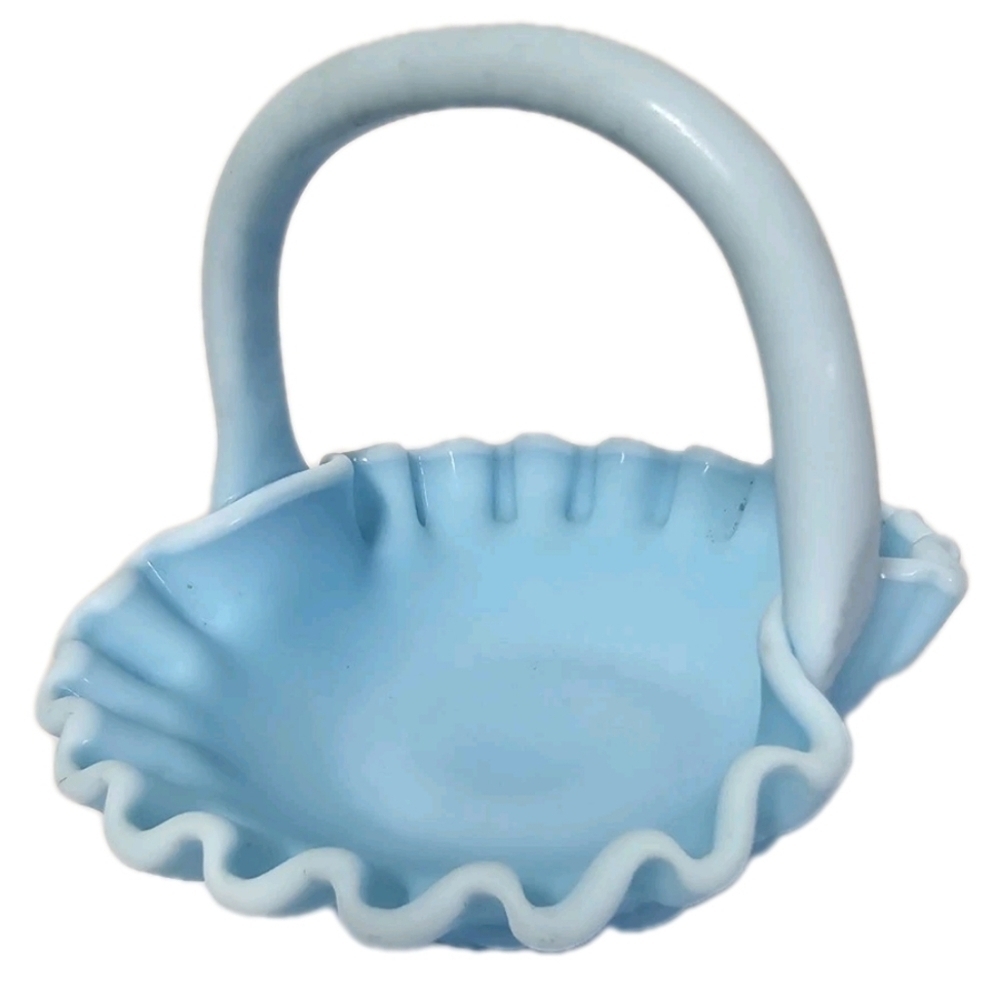 Westmoreland Collectible Blue Satin Milk Glass Grapes Design Ruffled Basket